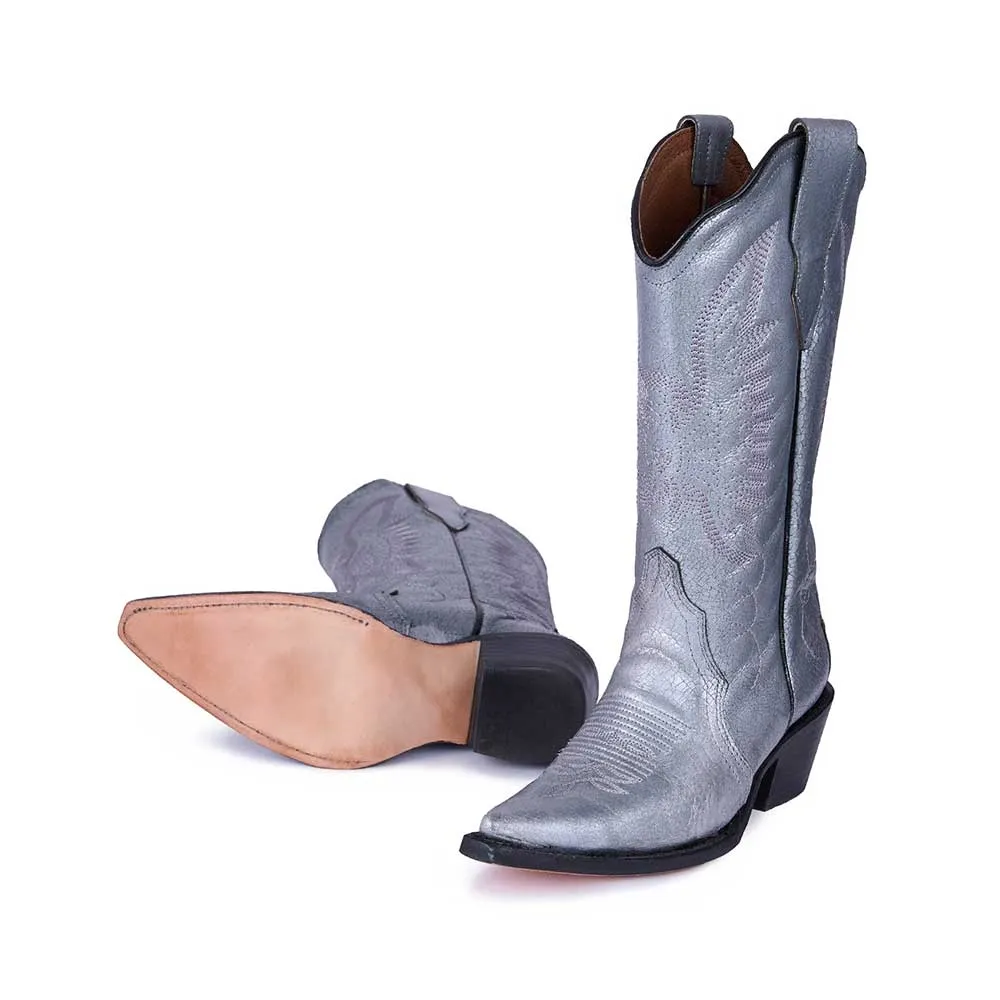 Silver Pointed Toe Embroidered Mid Calf Women's Western Boots