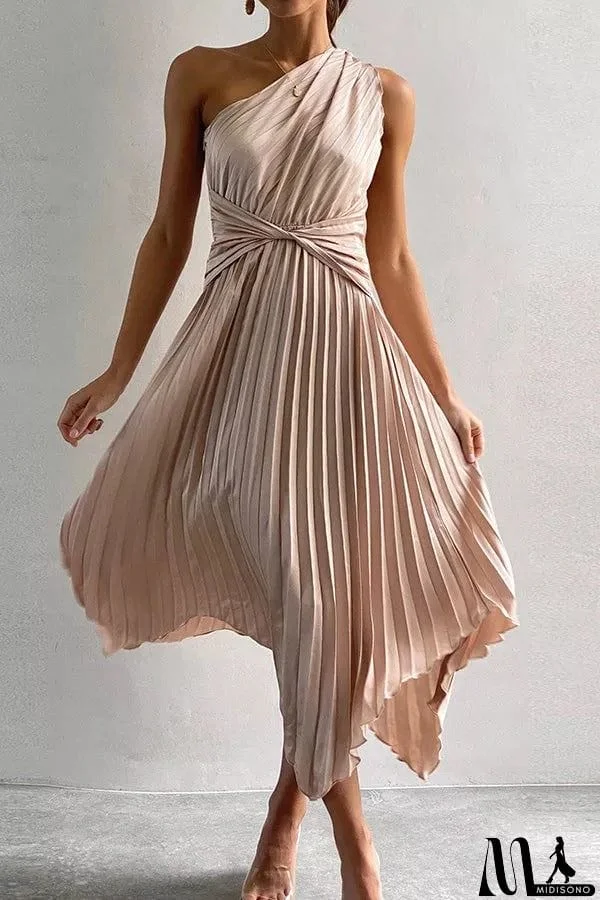 MidiSono - Satin One Shoulder Pleated Midi Dress