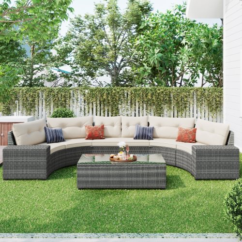 GLVEE 8-pieces Outdoor Wicker Round Sofa Set