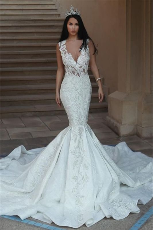 Sleeveless V-Neck Mermaid Wedding Dress With Lace Appliques | Ballbellas Ballbellas