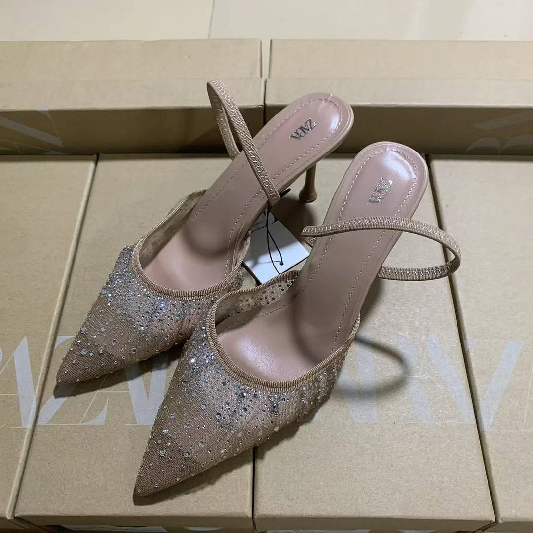 Breakj Breakj New Products 2025 French Pointed High-Heeled Shoes Apricot-Color Net Sand Drill After The Stumbling Banding And Fine And Cool