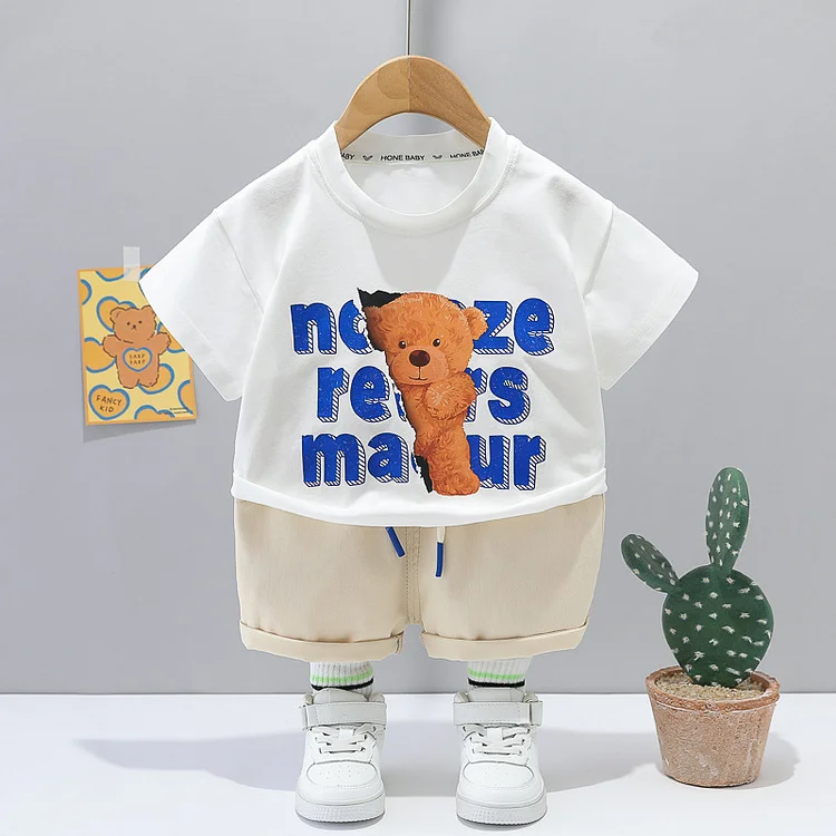 2pcs Baby Boy/Girl Summer Solid Color Bear Print T-shirt & Drawstring Shorts Set