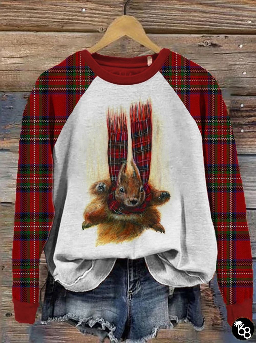 Red Checkered Squirrel Pattern Crew Neck Sweatshirt | 168DEAL