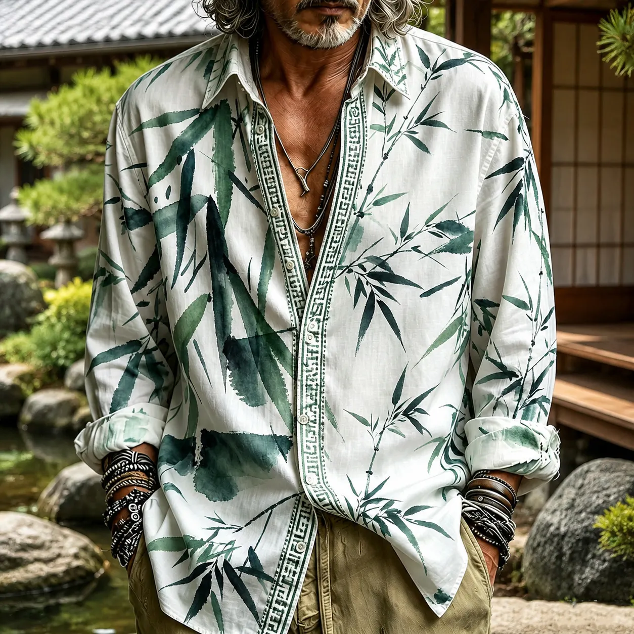 Men's Retro Japanese Bamboo Print Cotton Linen Shirt  artssus