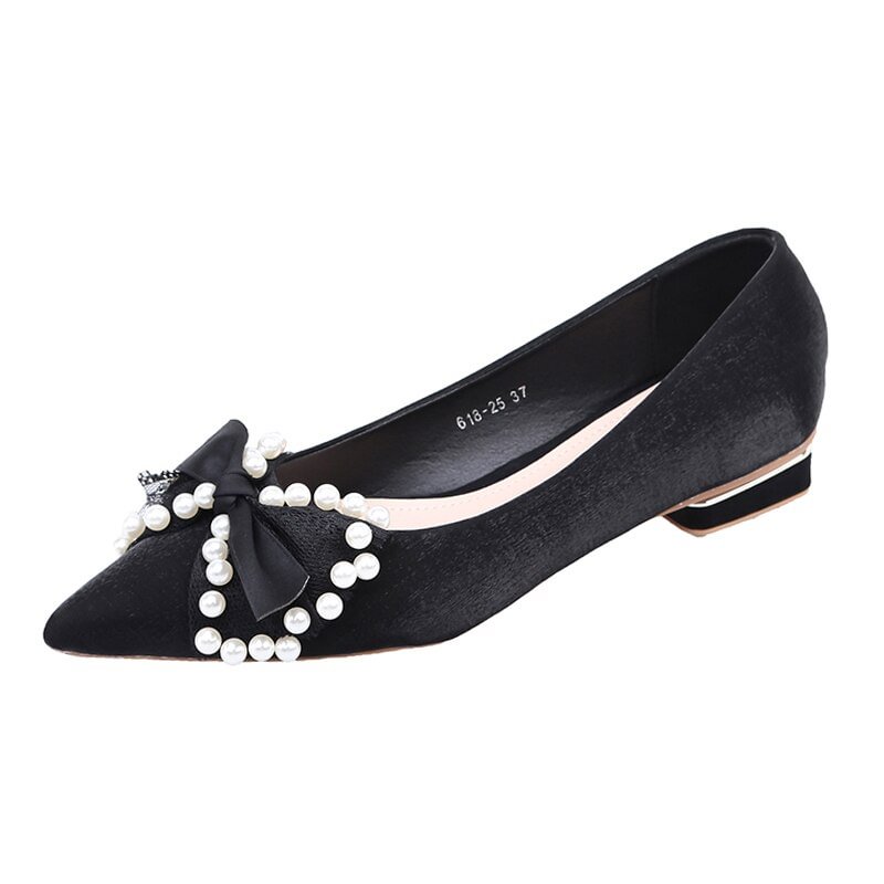 Qjong 2022 Spring New Women Pearl Wedding Shoes Low Heels Lace Bow-knot Pumps Woman Comfortable Pointed Toe Single Shoes Ladies