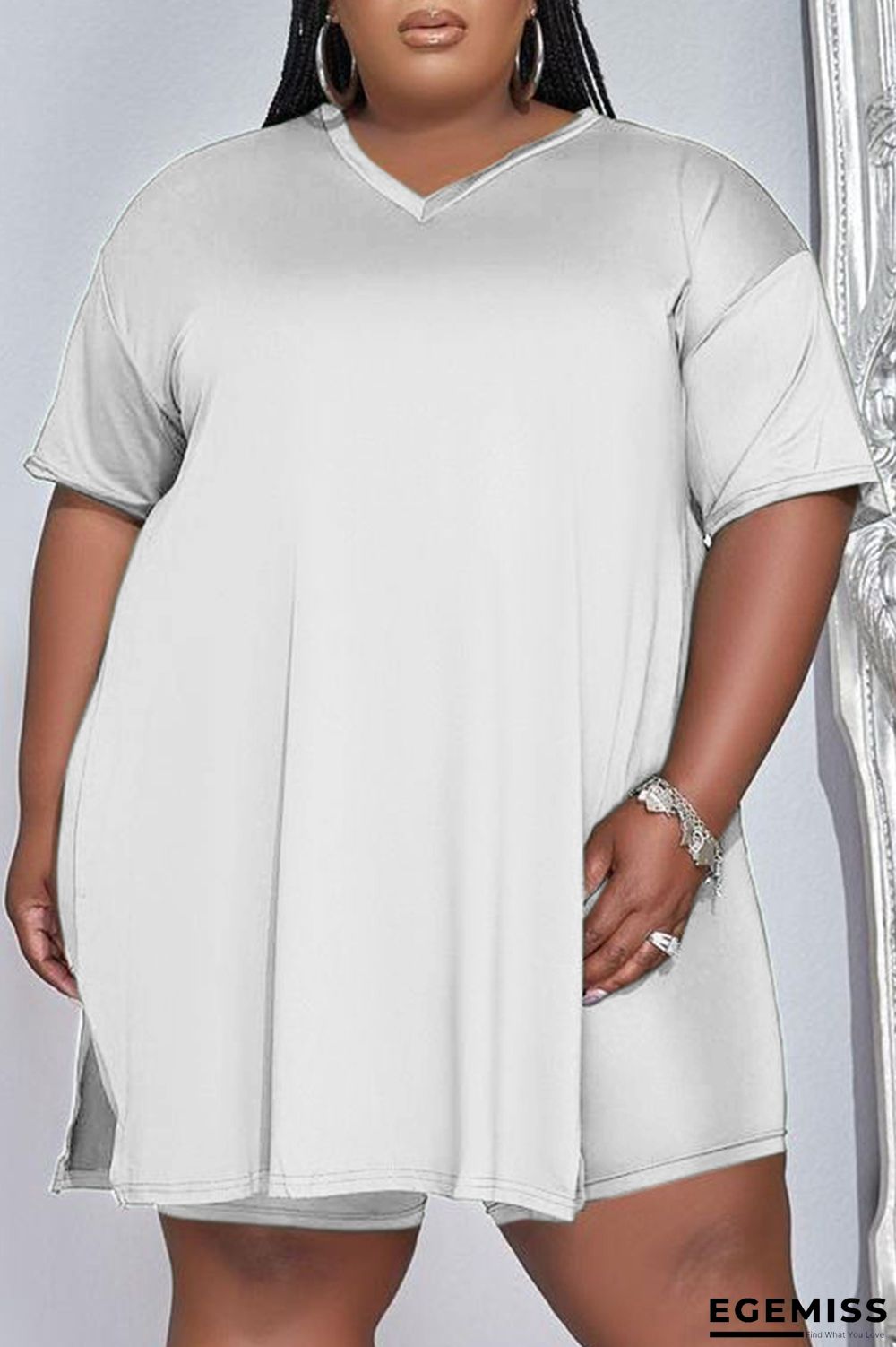 White Fashion Casual Solid Patchwork Slit V Neck Plus Size Two Pieces | EGEMISS