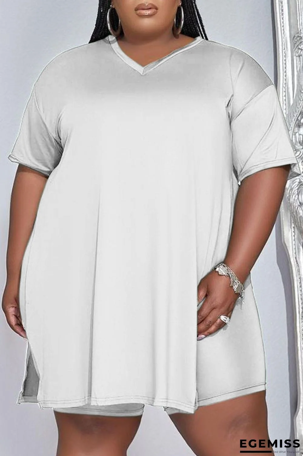 White Fashion Casual Solid Patchwork Slit V Neck Plus Size Two Pieces | EGEMISS