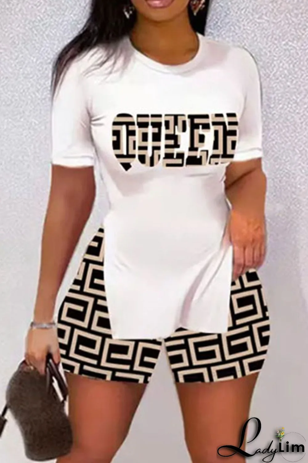 White Casual Print Patchwork Slit O Neck Short Sleeve Two Pieces