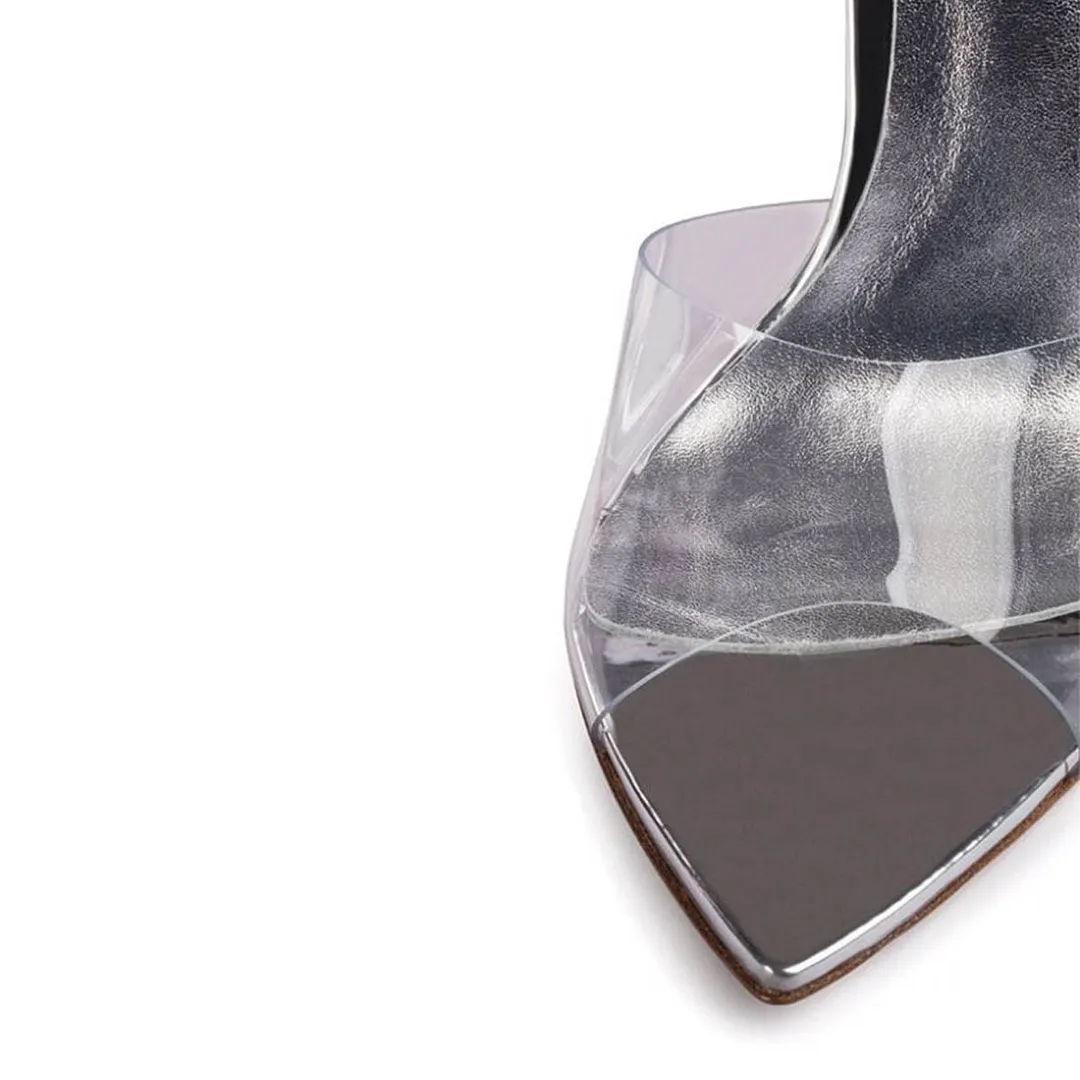 Silver Clear Flared Heel Open-Toe Trendy Mule Shoes for Women