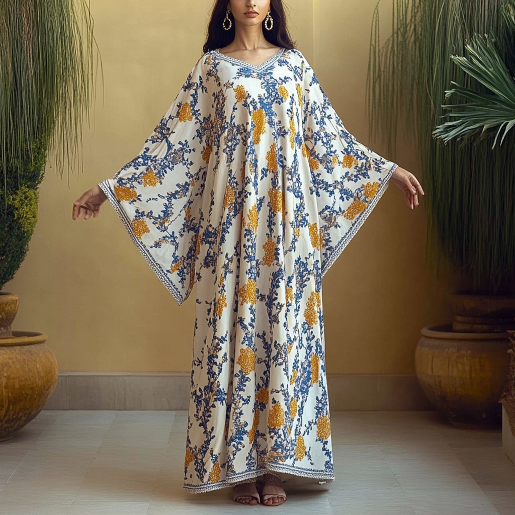 Women's Middle Eastern Floral Print Contrast Color Stitching Temperament Four Seasons Robe Dress