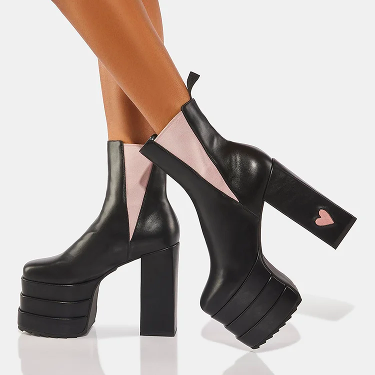 Black Platform High Heel Shoes Square Toe Chunky Heel Ankle Boots |FSJ Shoes