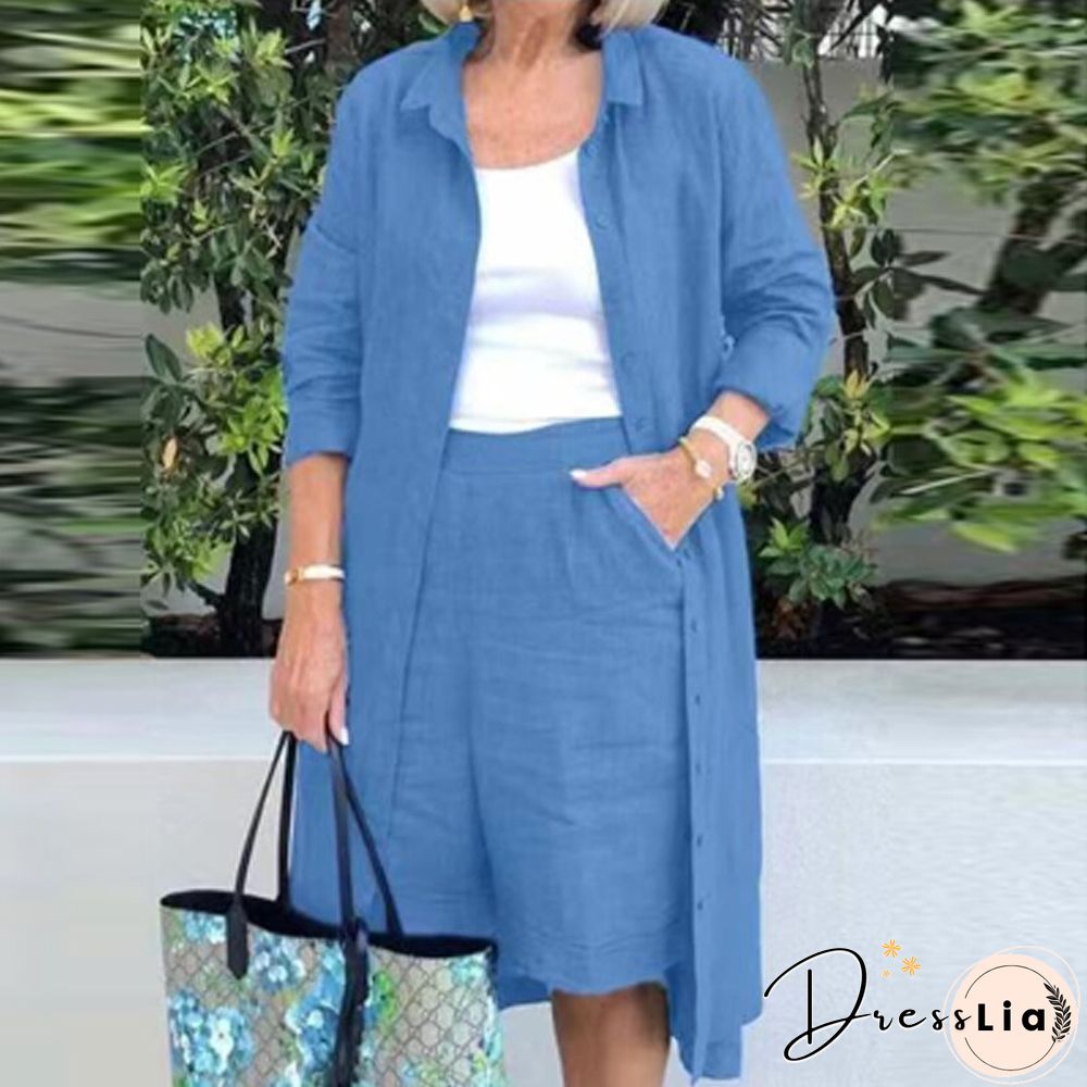 Cotton Linen Women 2Pcs Set Outfits Autumn Fashion Solid Loose  Casual Button Long Shirt Jacket+Straight Knee Shorts Suits Mujer