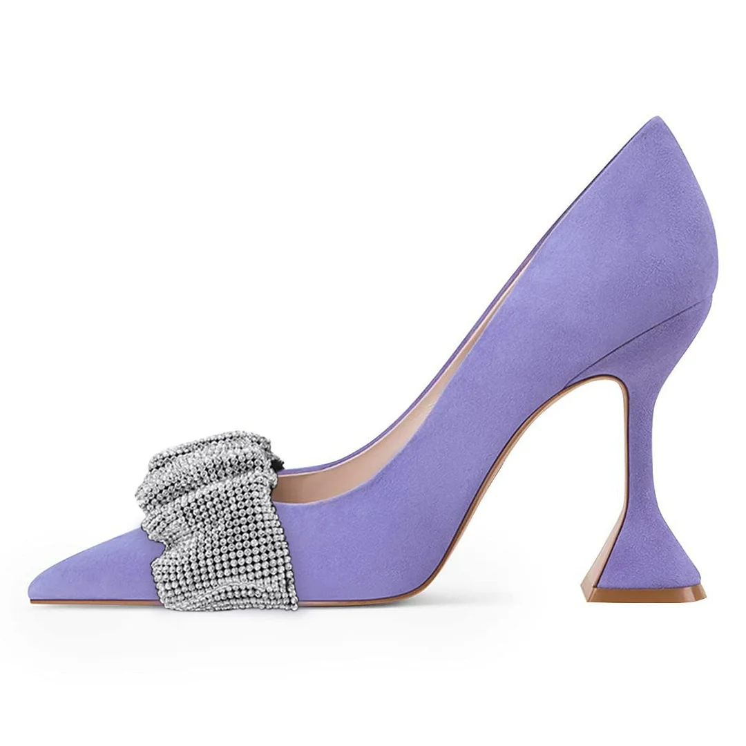 Vegan Suede Rhinestone Embellished Pointed Toe Pumps Heels in Purple