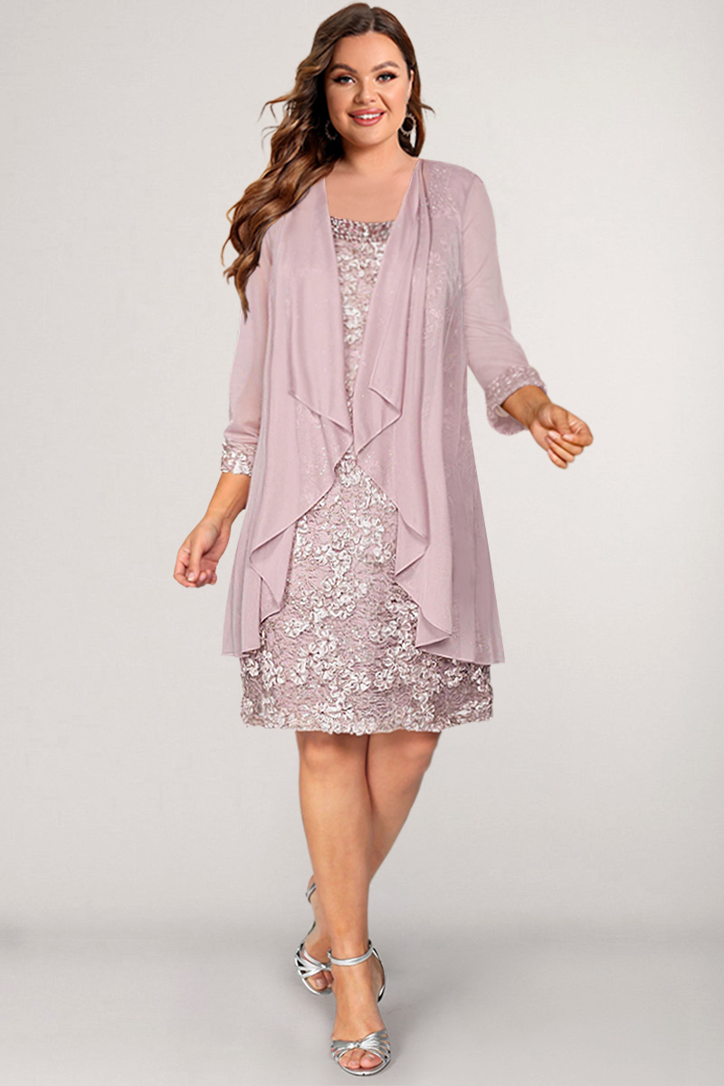 Flycurvy Plus Size Mother Of The Bride Pink Chiffon Lace Stereo Floral 2 in 1 Midi Dress 2024 - Flycurvy 