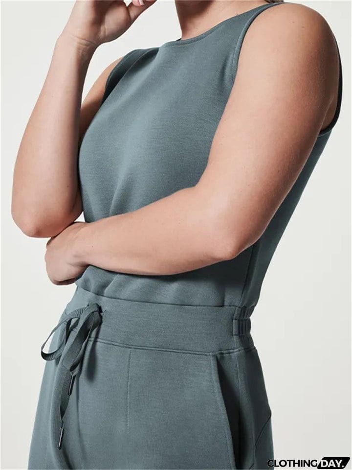 Ladies Summer Relaxed Crew Neck Sleeveless Straight Leg Jumpsuit