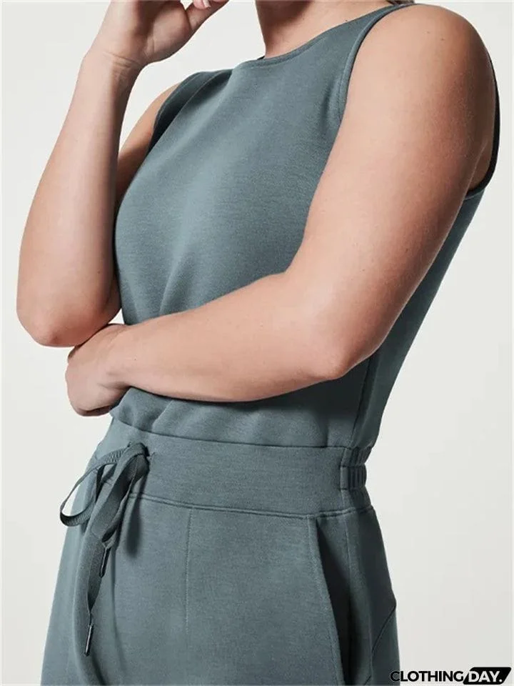 Ladies Summer Relaxed Crew Neck Sleeveless Straight Leg Jumpsuit