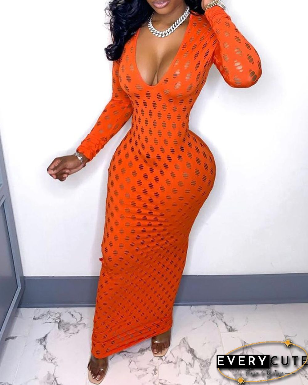 Cutout Long Sleeve Plunge Skinny Maxi Dress