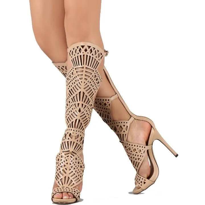 Nude Peep Toe Stiletto Heel Knee-High Gladiator Sandals |FSJ Shoes