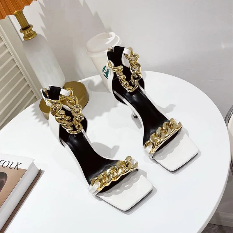 2021 Ins style Summer Women Sandals Fashion metal chains thin High heels Gladiator sandals Female Square toe Office Daily Shoes