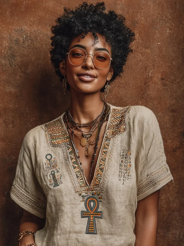 Ankh Ancient Egyptian Embroidered Linen T Shirt