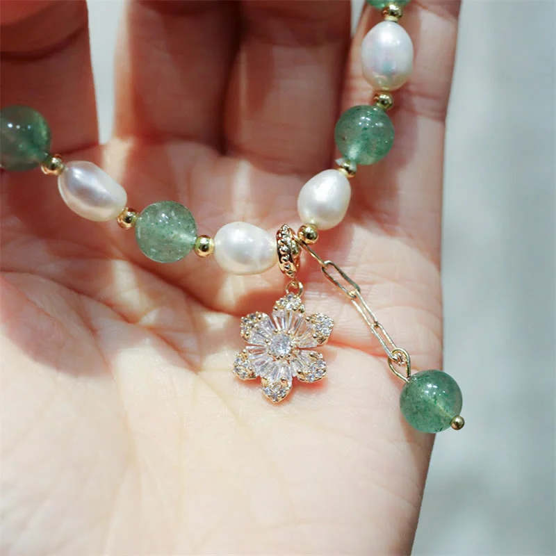 Green Strawberry Quartz Pearl Flower Charm Love Bracelet