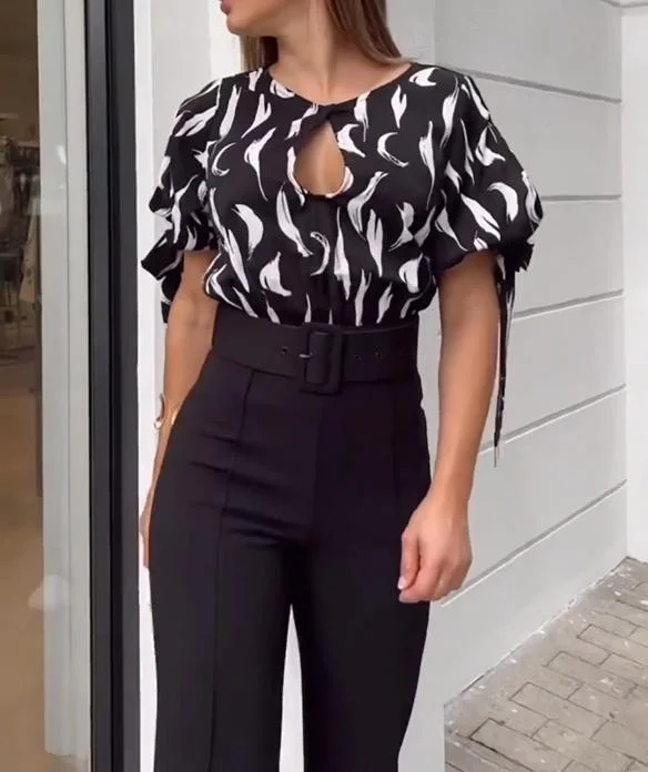 Two-piece set with printed top & high-waisted trousers