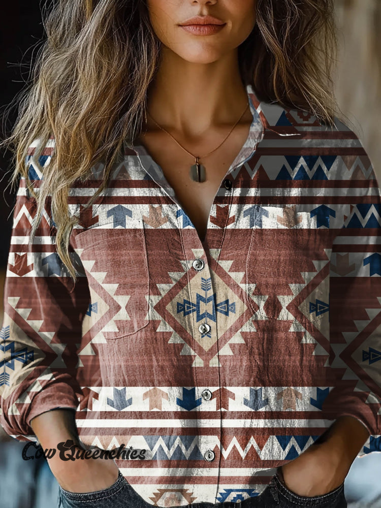 Women’s Vintage Brown Aztec Art Print Casual Long Sleeve Comfortable Cotton Shirt Multicolor / S