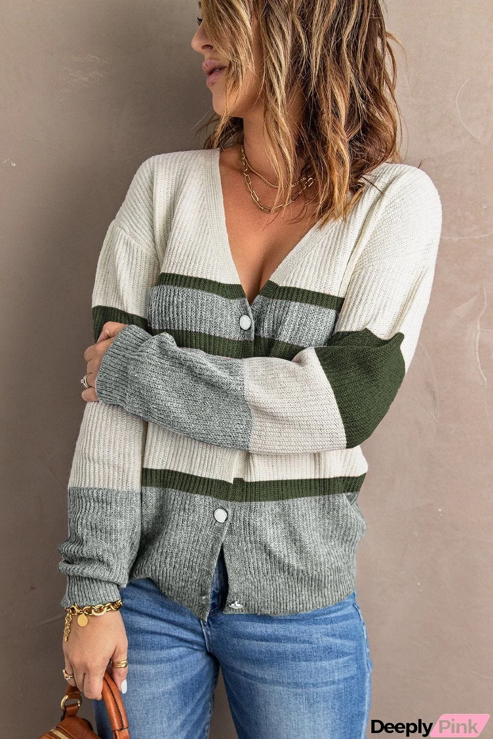 Button Colorblock Knit Sweater
