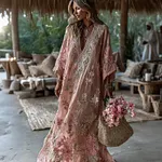 Women's Vintage Pink Floral Art V Neck Long Sleeve Maxi Dress - Image 2