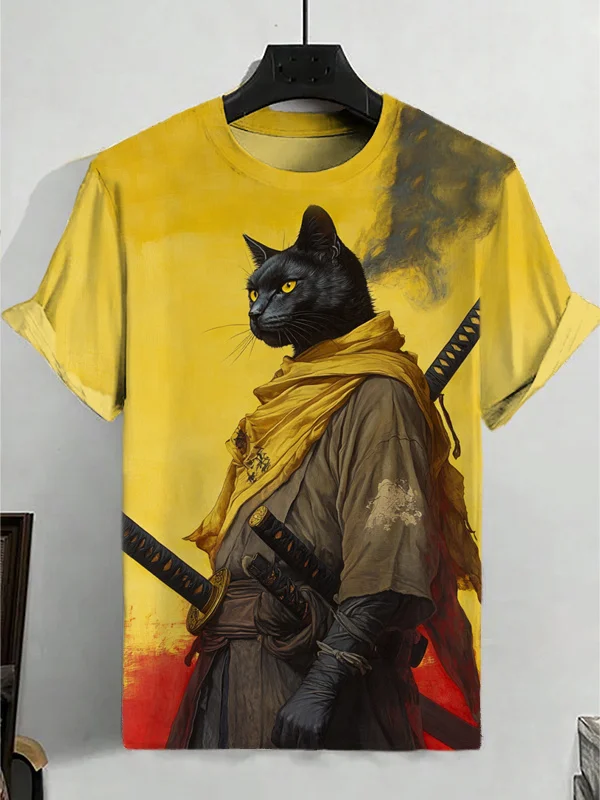Men's Retro Cat Swordsman Illustration Print Casual T-Shirt