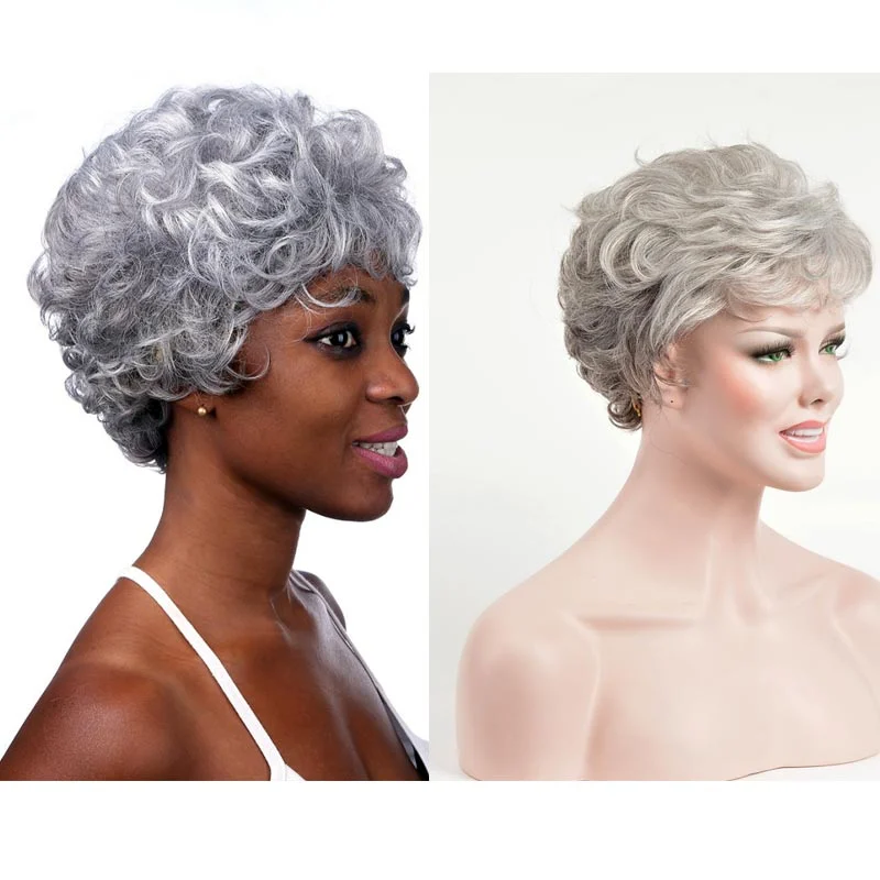 Short Grey Curly Wig for White Black Women ELCNEPAL