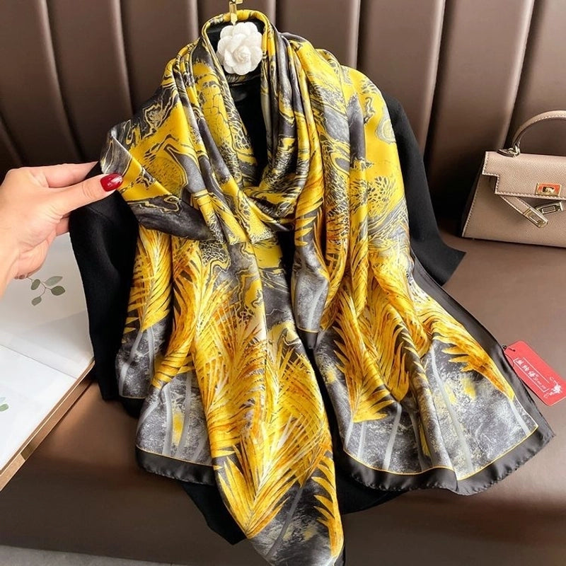 Women’s Fashion Letter Plaid Satin Printing Silk Scarves