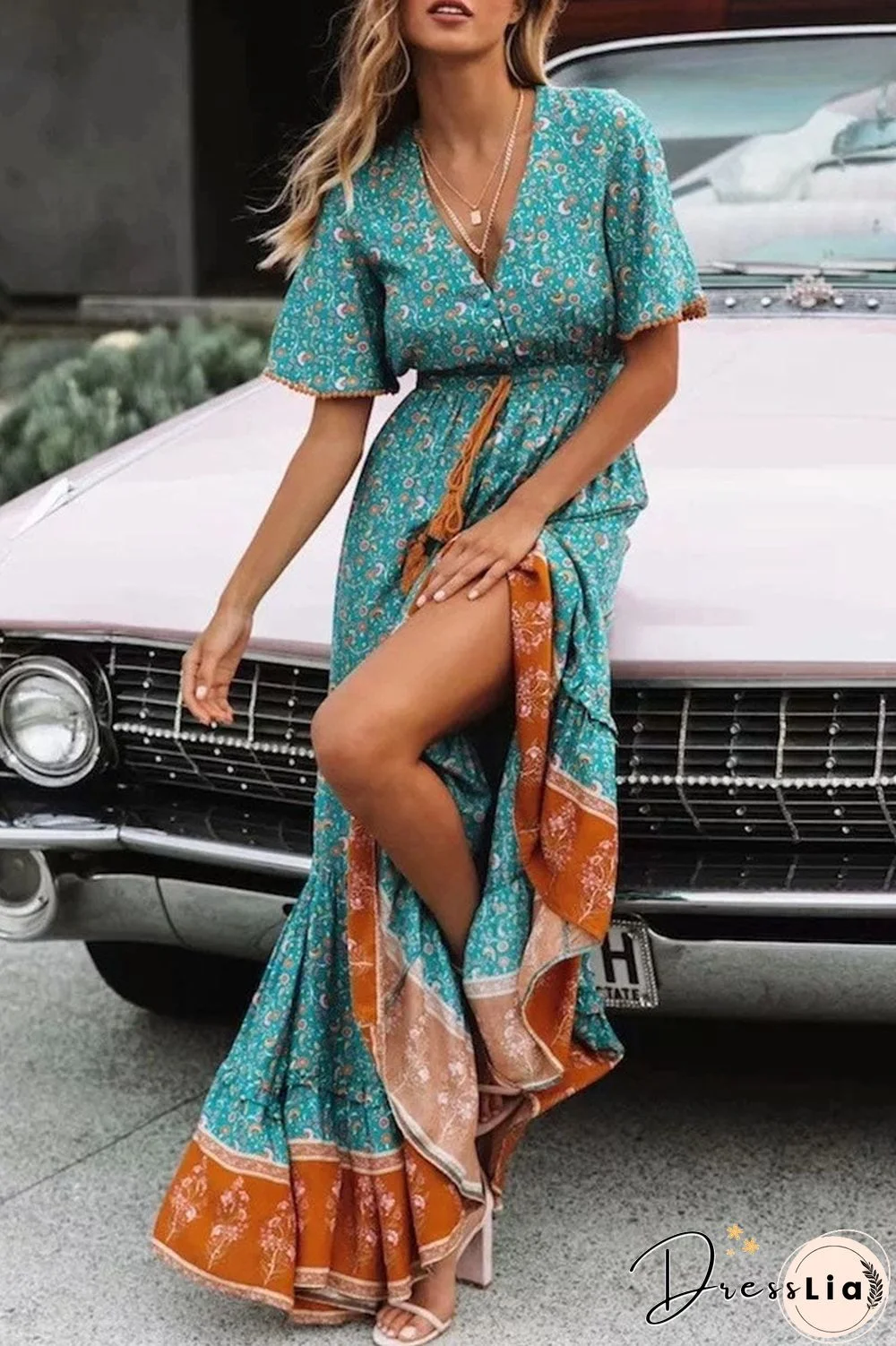 Fashion Elegant Print Split Joint V Neck Printed Dresses