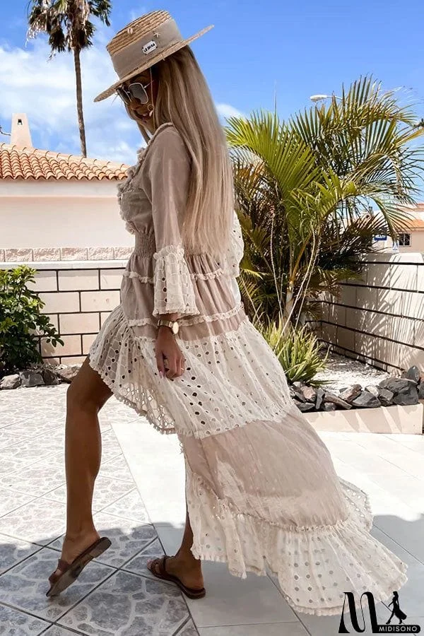 MidiSono - Sandy Dream Embroidered Crochet High Low Dress