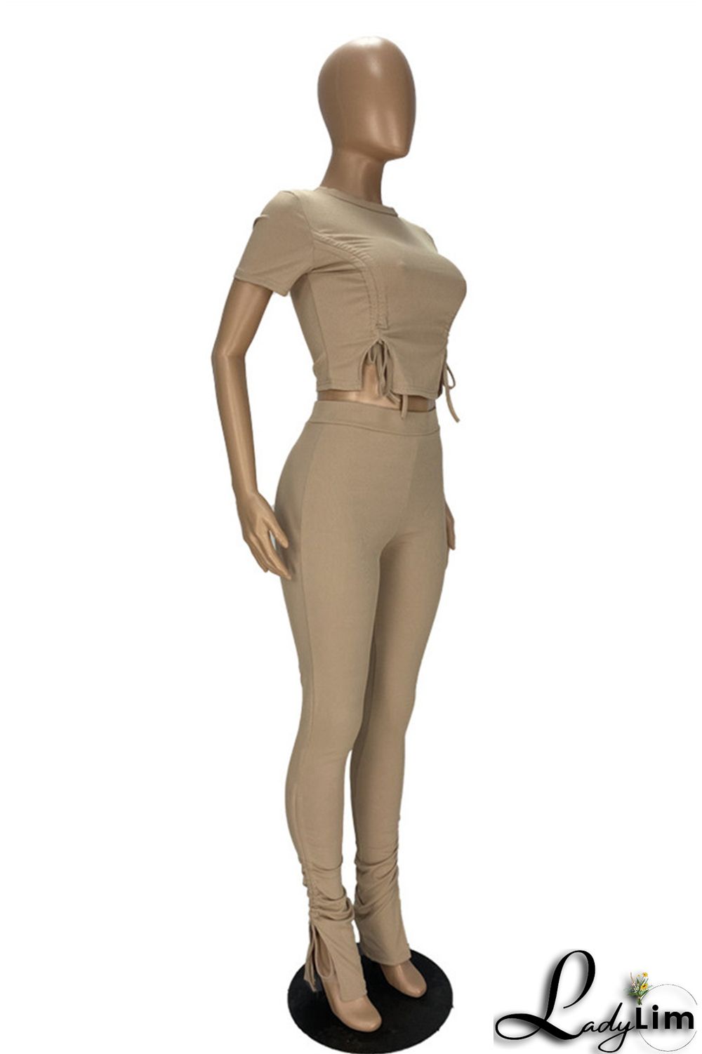 Khaki Fashion Casual Solid Draw String Frenulum O Neck Short Sleeve Two Pieces