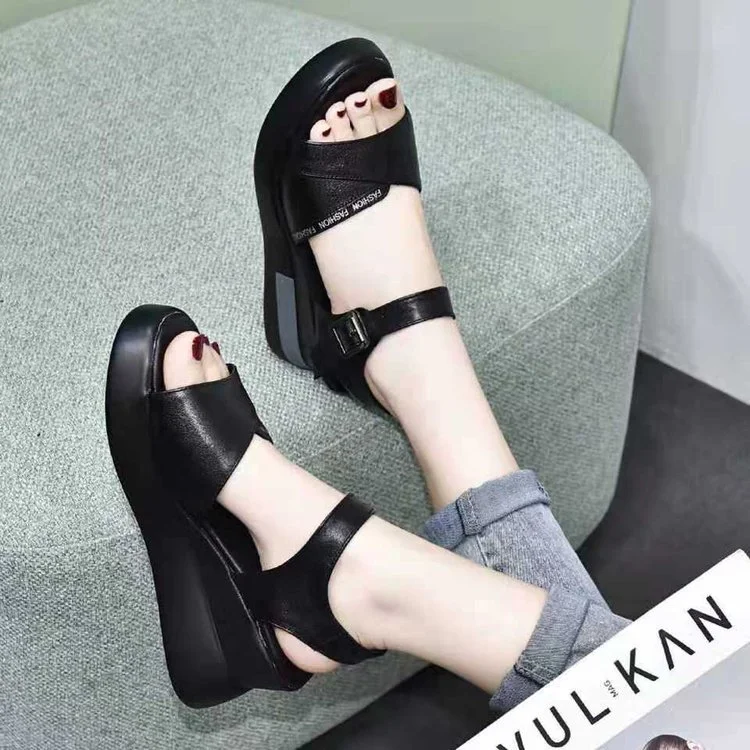 Yyvonne Bottom Slope Heel Sandals Women 2025 New Summer Korean Version Of The Pine Cake And A Word Buckle With A Toe High Heel Roman Shoes