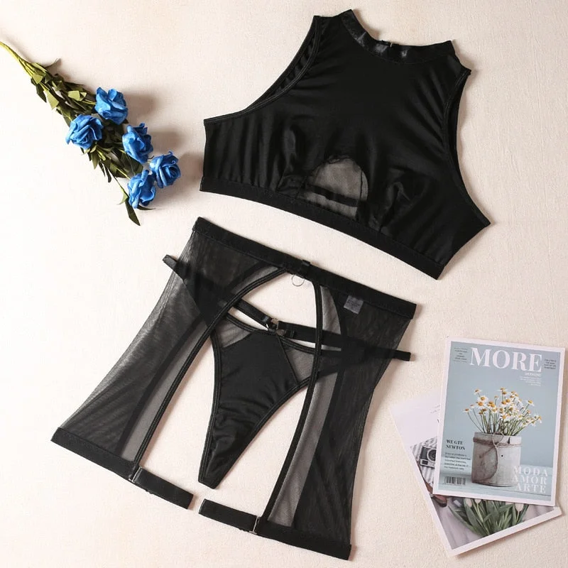 Toloer High Neck Mesh Tank Lingerie Set-Outfit Ideas