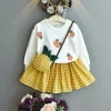 Kid Baby Girl Autumn Embroidered Long Sleeve Plaid Skirt Dress 2 Pcs Set