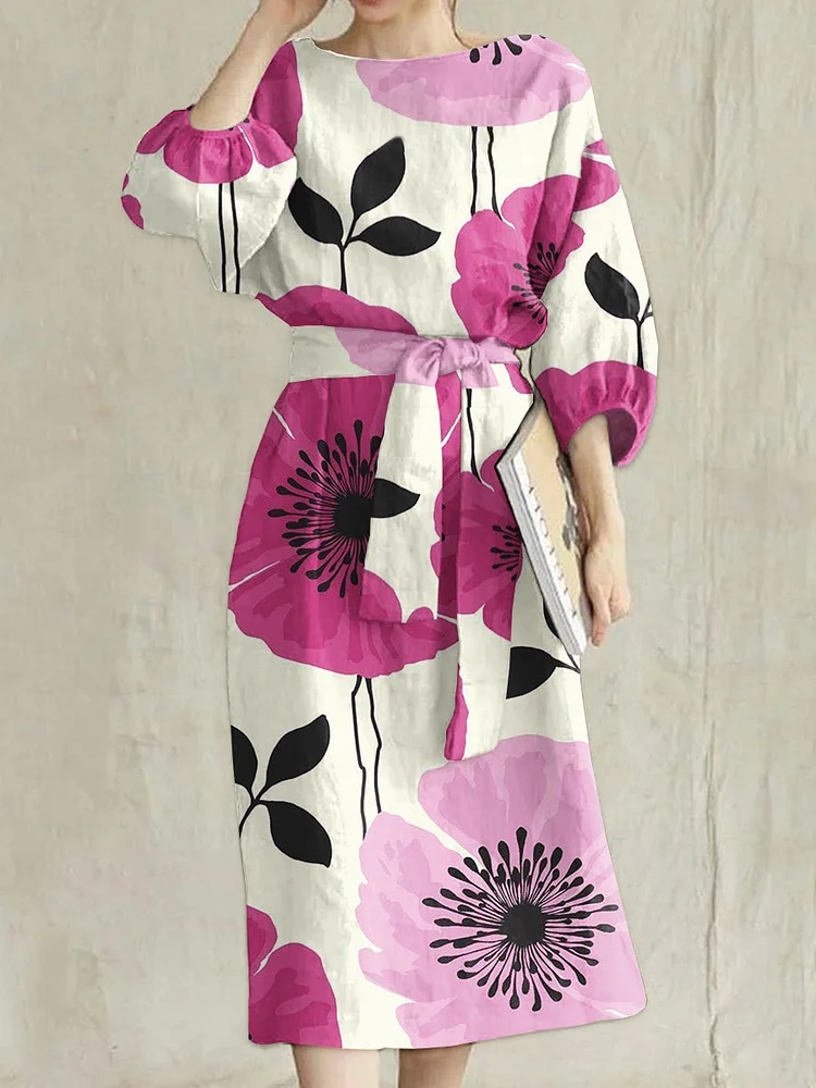 Retro Fashion Floral Art Print Midi High Waist Tie Round Neck Dress