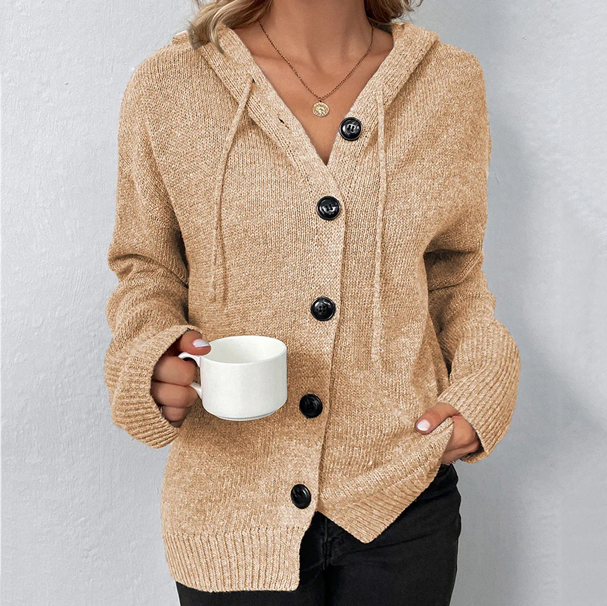 Solid Color Single Breasted Hooded Drawstring Sweater Cardigan