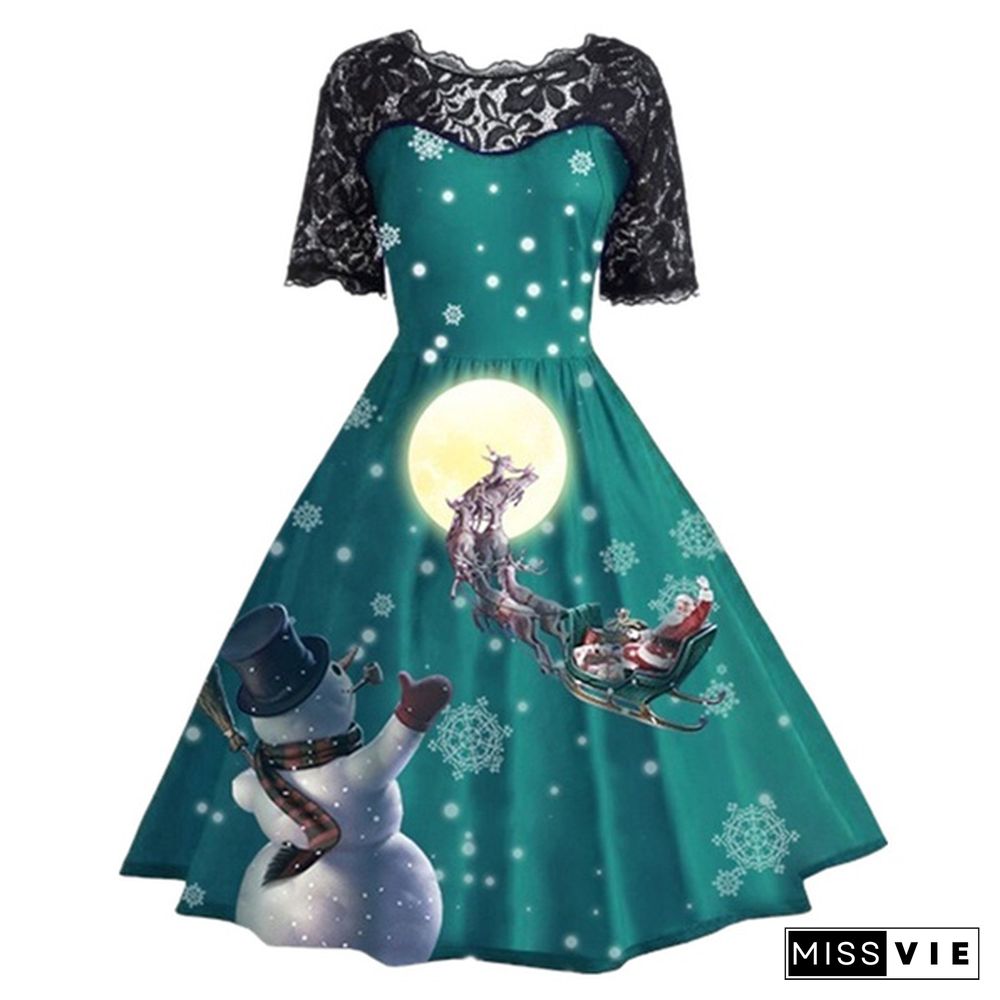 7 Colors Women Fashion Pumpkin Snowflake Print Dress Short Sleeve Lace Dress Christmas Halloween Costume Knee Length Party Dresses