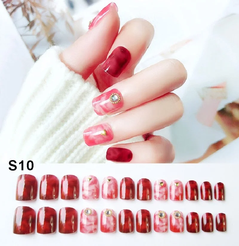 24pcs/set Elegant Fake Nails Black White Stripe Color Mix Chic Short False Nails with Pearl Rhinestone Square Acrylic Nails Tips-Nail Inspo