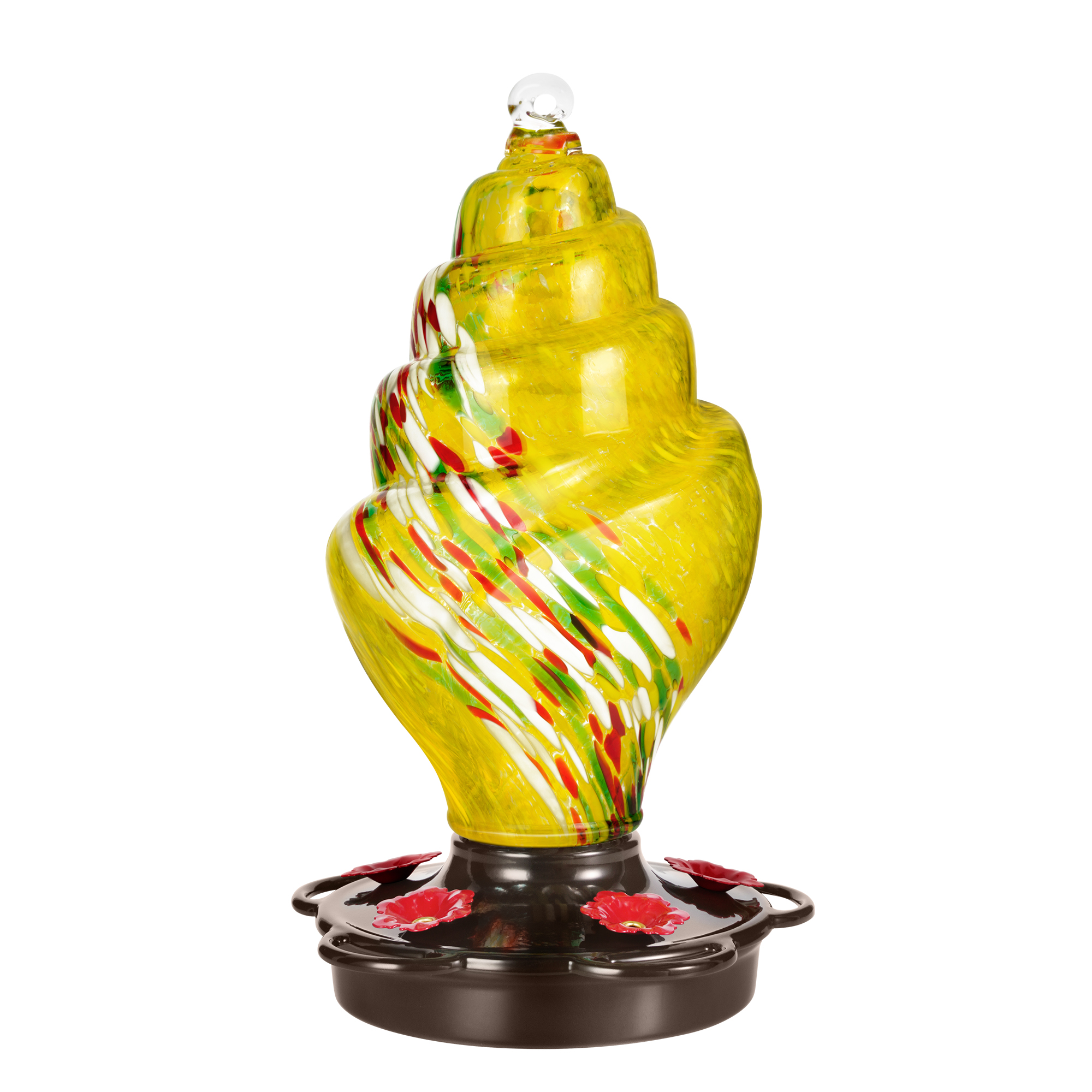 LUJOIN Spiral Shaped Hummingbird Feeder for Outdoors, Hand Blown Glass 25 fl.oz, Leak Proof & Rustproof, Includes an Ant Moat S Hook, Metal Cover with 5 Feeding Ports, Yellow