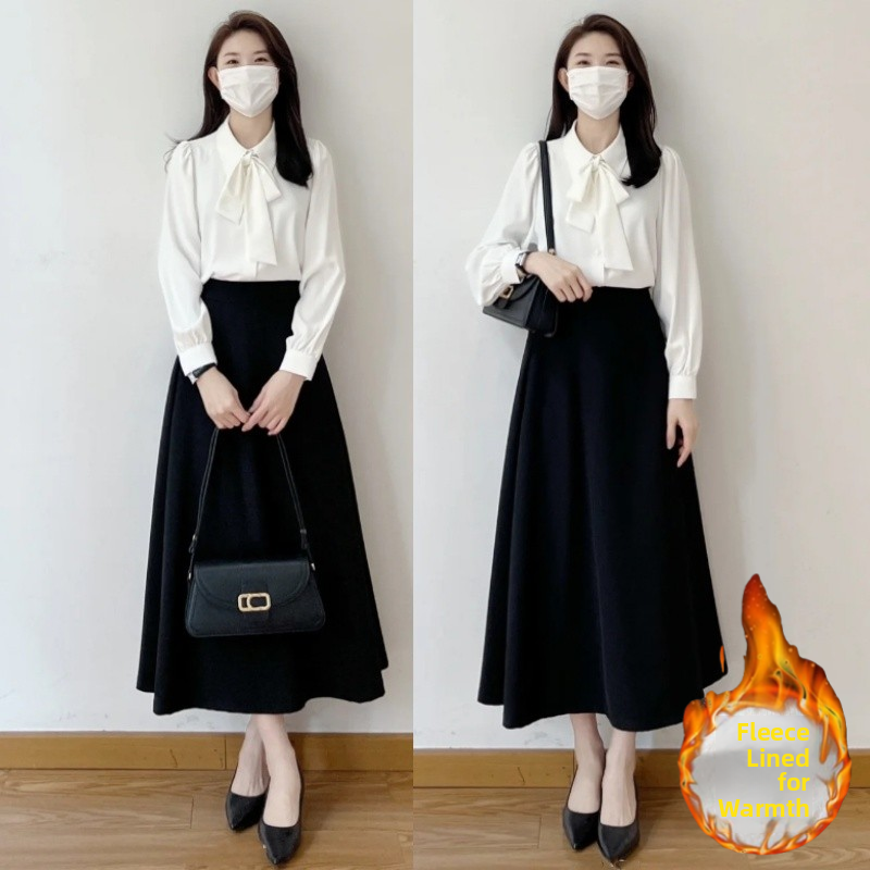 Teepublicz Thickened Fleece Long Sleeve Chiffon  Knot Shirt Women's Winter Professional Formal Commute Interview Set Straight Tube