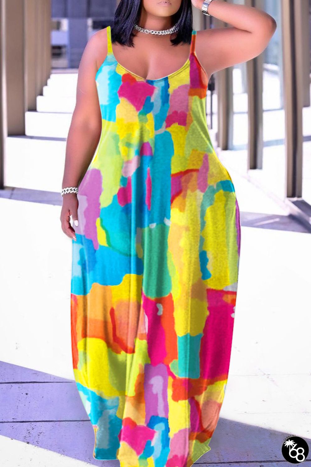 Turquoise Sexy Casual Print Backless Spaghetti Strap Long Dress Dresses | 168DEAL