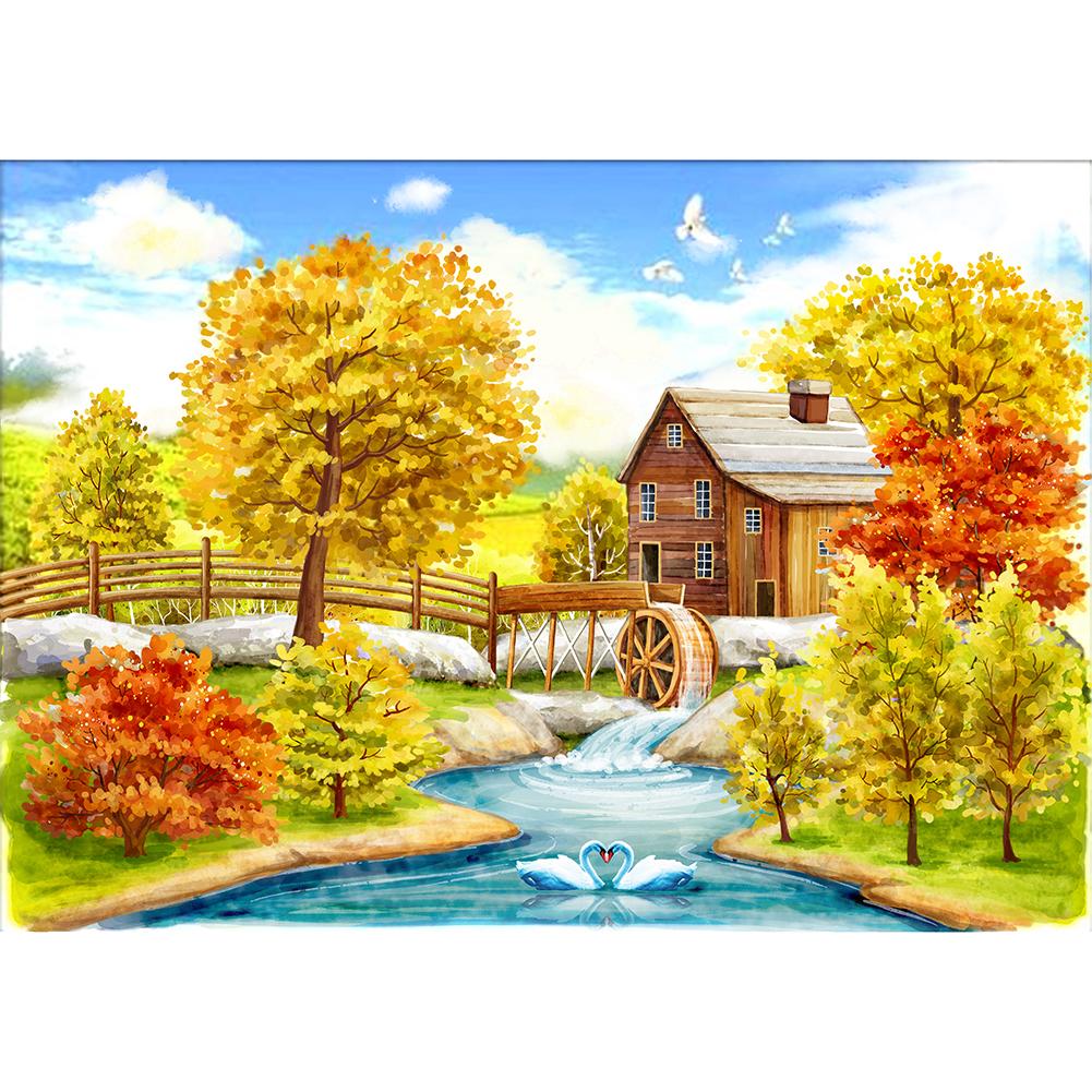 

Autumn House River - Round Drill Diamond Painting - 30x40cm, 501 Original