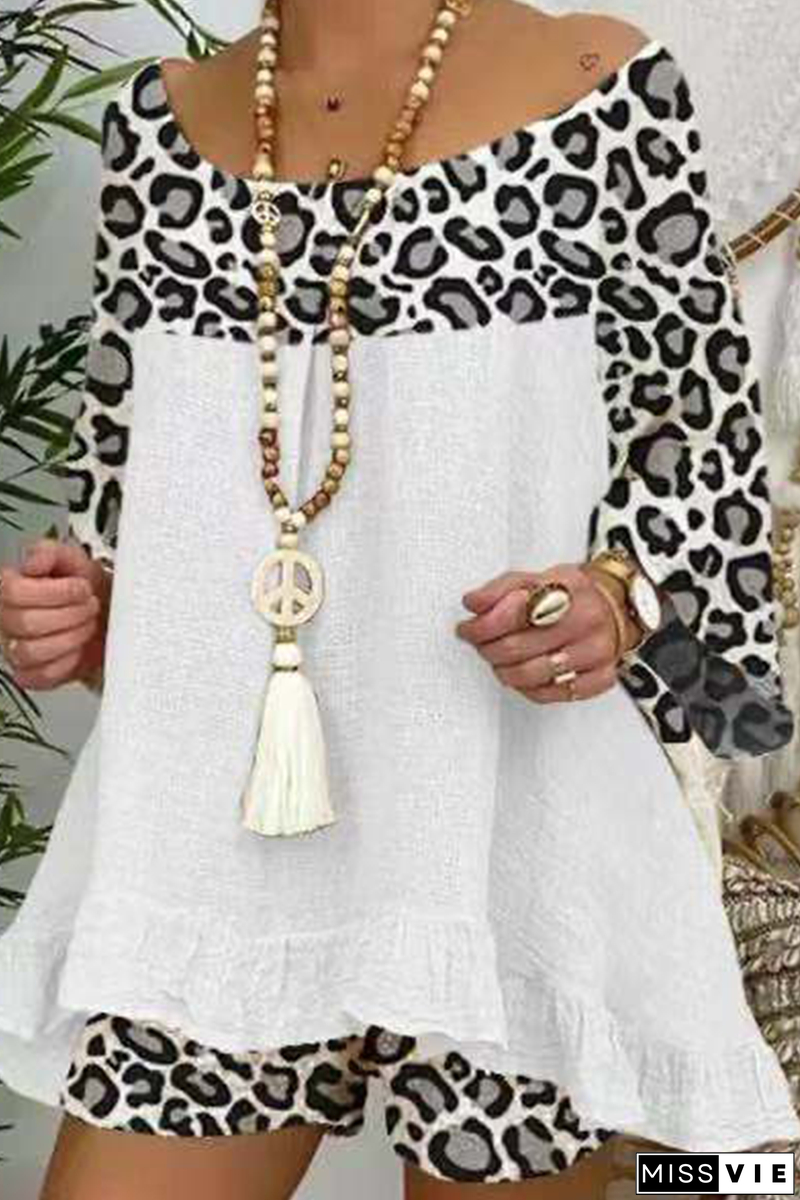 Casual Street Leopard Patchwork Flounce O Neck Three Quarter Two Pieces