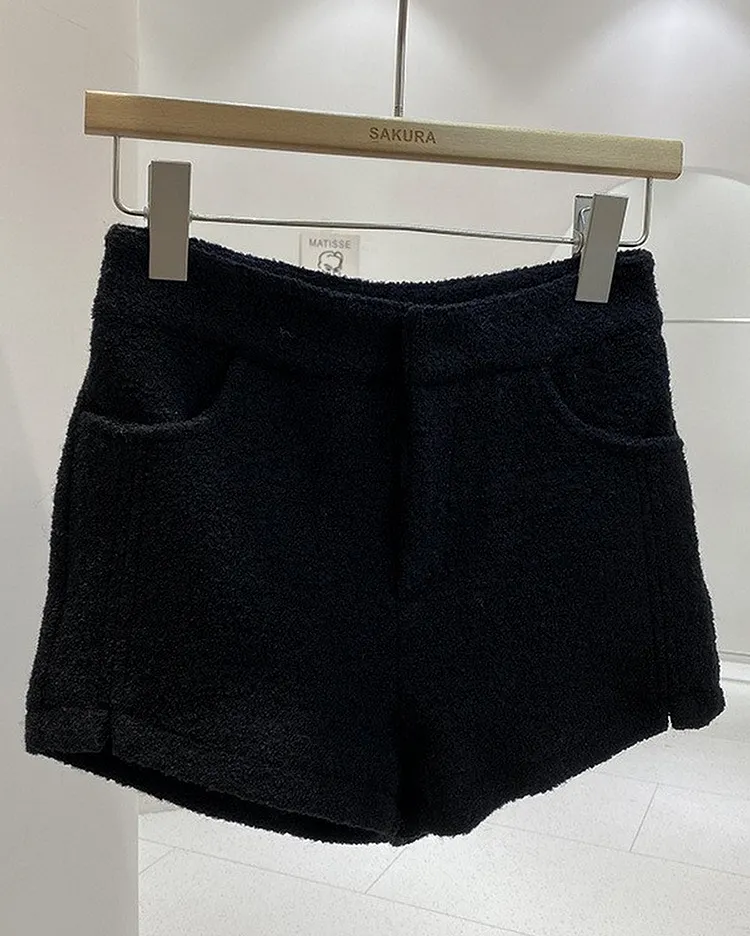 High Waist Wool Blend Shorts with Pockets Straight Leg Casual Hotpants