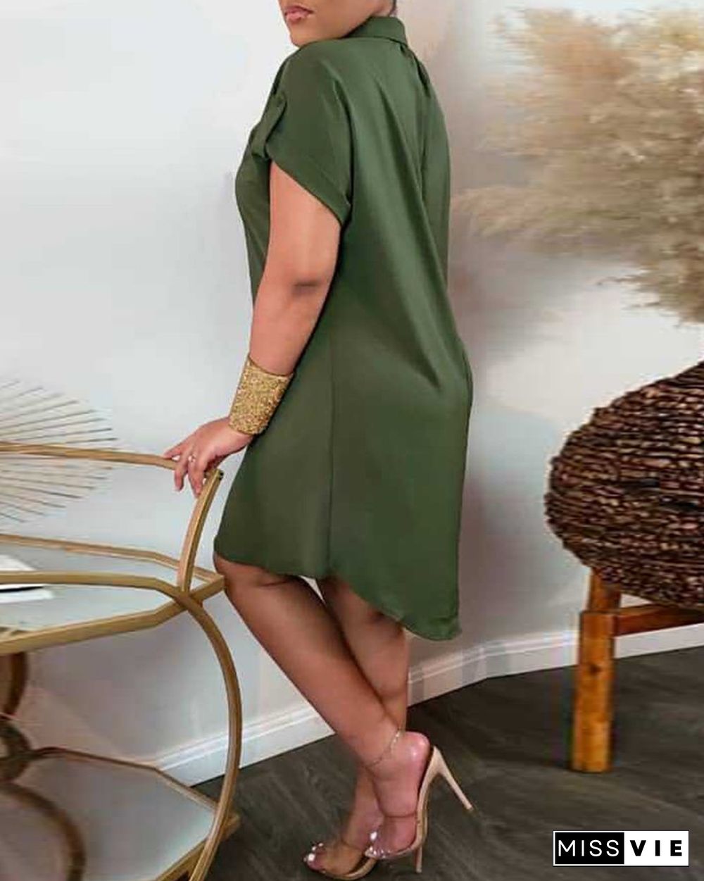 Plain Short Sleeve Casual Shirt Dress