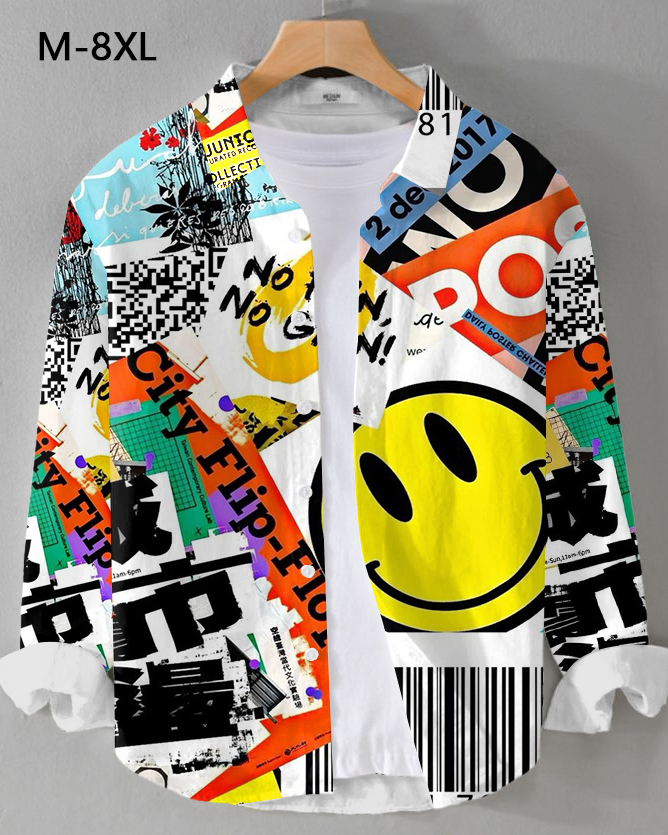 Men's Plus Size Colorful Graffiti Personalized Print Long Sleeve Shirt
